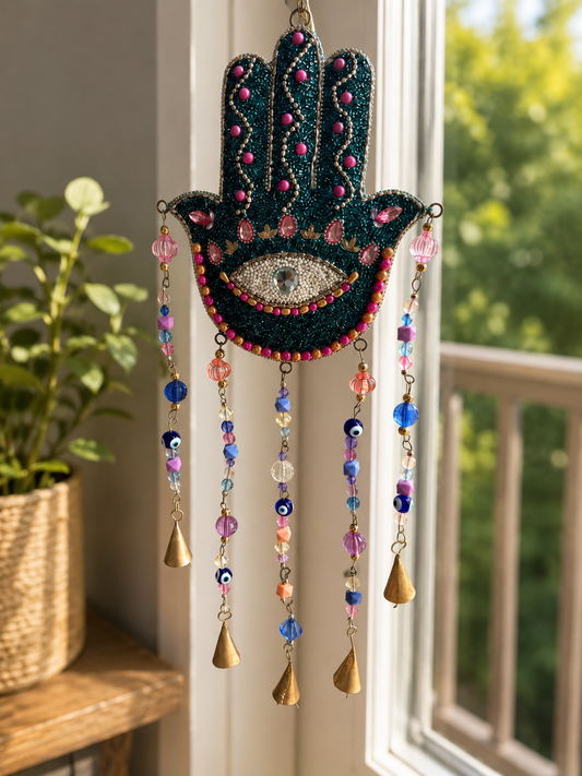 Jewel-Tone Hamsa Evil Eye Hanging Wind Chime
