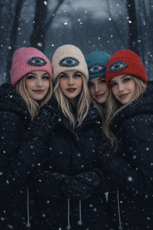 Ribbed Beanie with Crystal Evil Eye