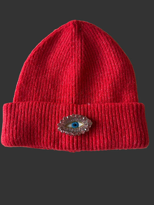 Ribbed Beanie with Crystal Evil Eye