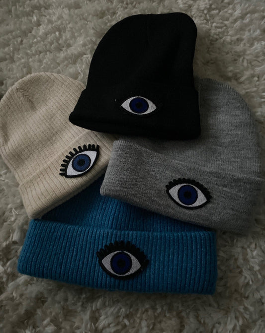 Women’s Evil Eye Beanie with Pompom