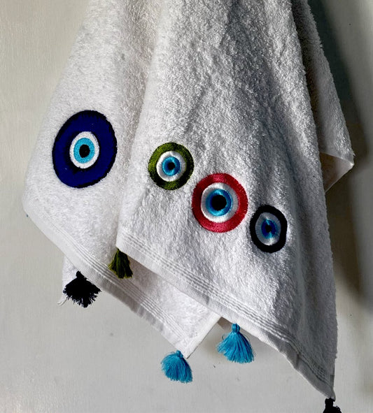 Evil Eye Bath Towel with Pompoms