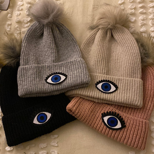 Women’s Evil Eye Beanie with Pompom