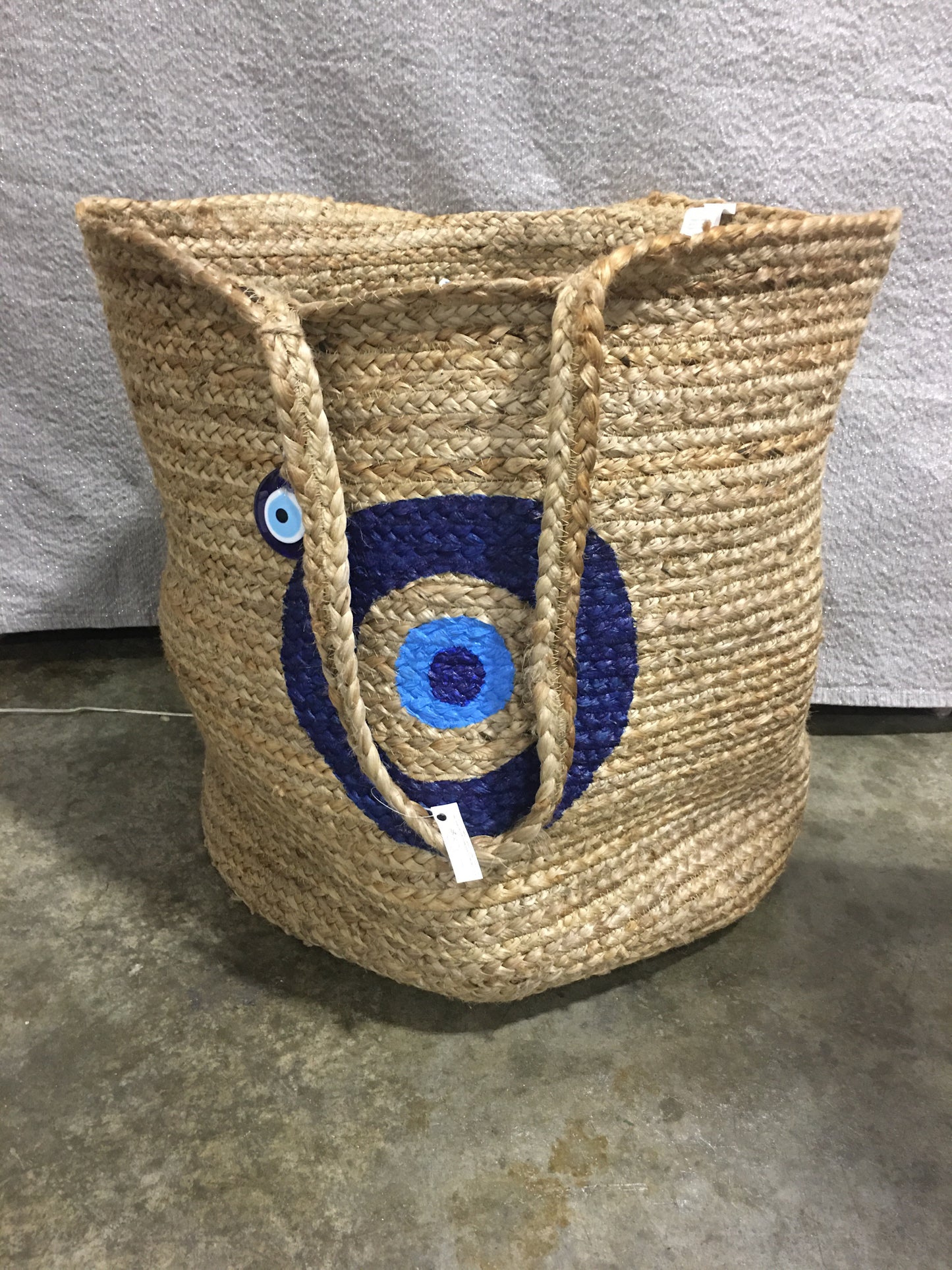 Evil Eye Natural Woven Jute Laundry Tote