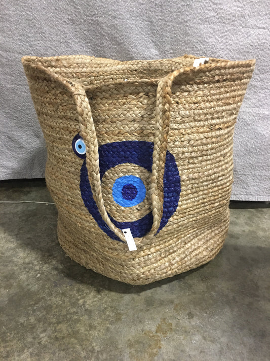 Evil Eye Natural Woven Jute Laundry Tote