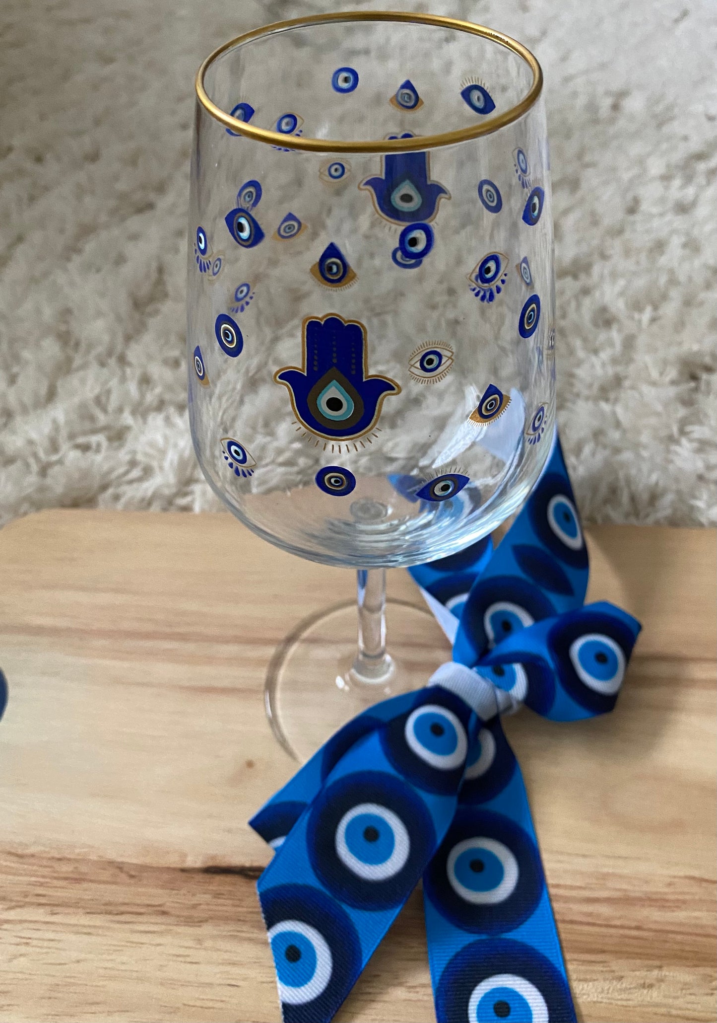 Evil Evil Eye Stemmed Wine Glass with Gold Rim