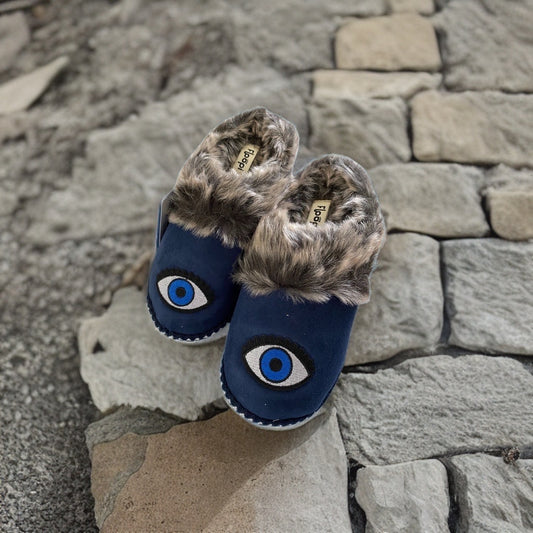 Aztec Two Tone Fur Lined Evil Eye Clog Slippers