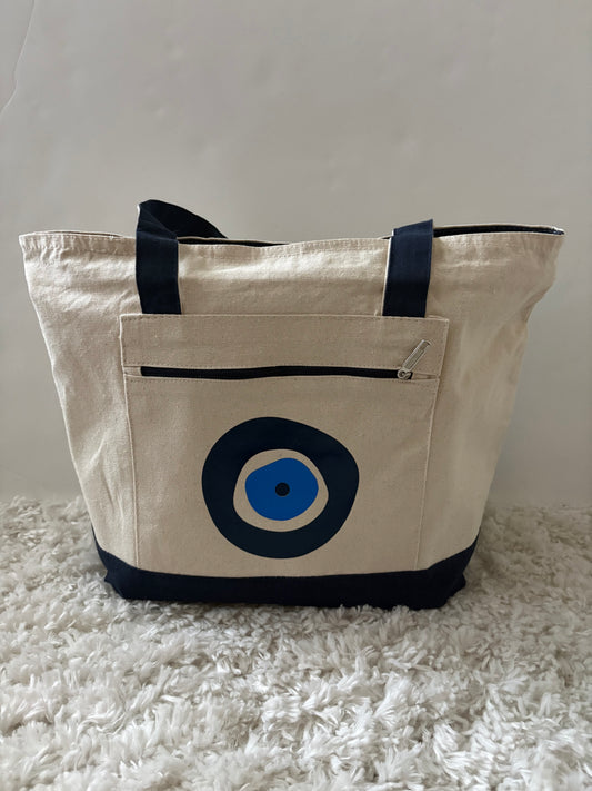 Zippered Evil Eye Canvas Tote Bag