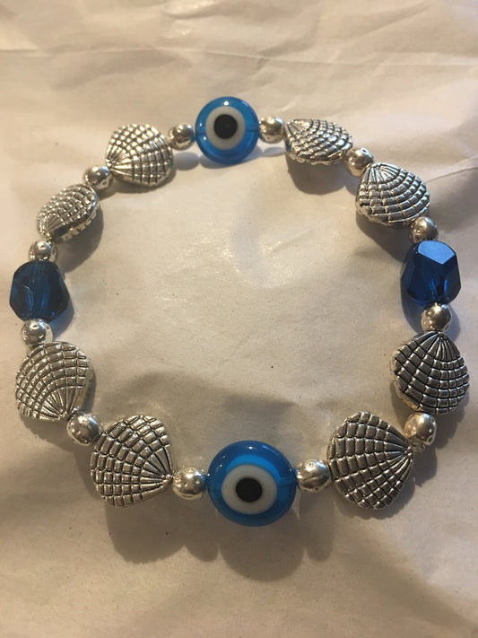 Silver plated seashells with light blue Evil Eye Bracelet