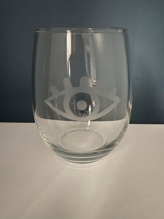 Hand Etched Evil Eye Stemless Wine Glasses