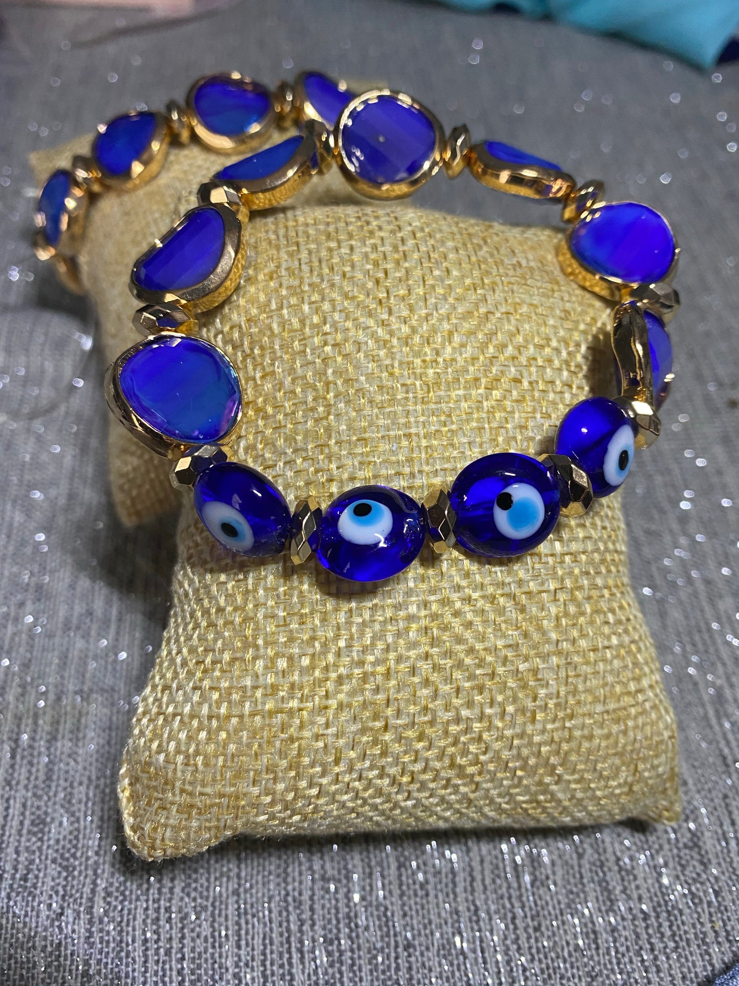 Hematite Gold and Sapphire Faceted Glass Evil Eye Bracelet