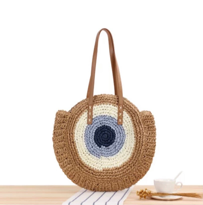 Hand Painted Straw Bag / Beach Tote with Eye Paint
